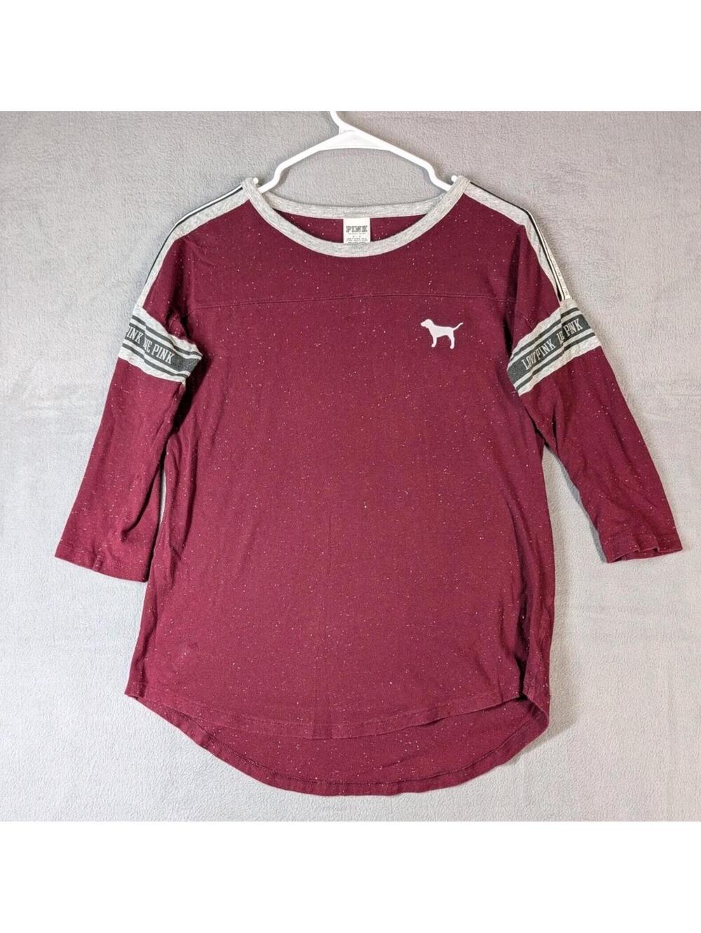 PINK Womens Small Burgundy Speckled Logo Lounge Tee Shirt Casual Soft Y2K